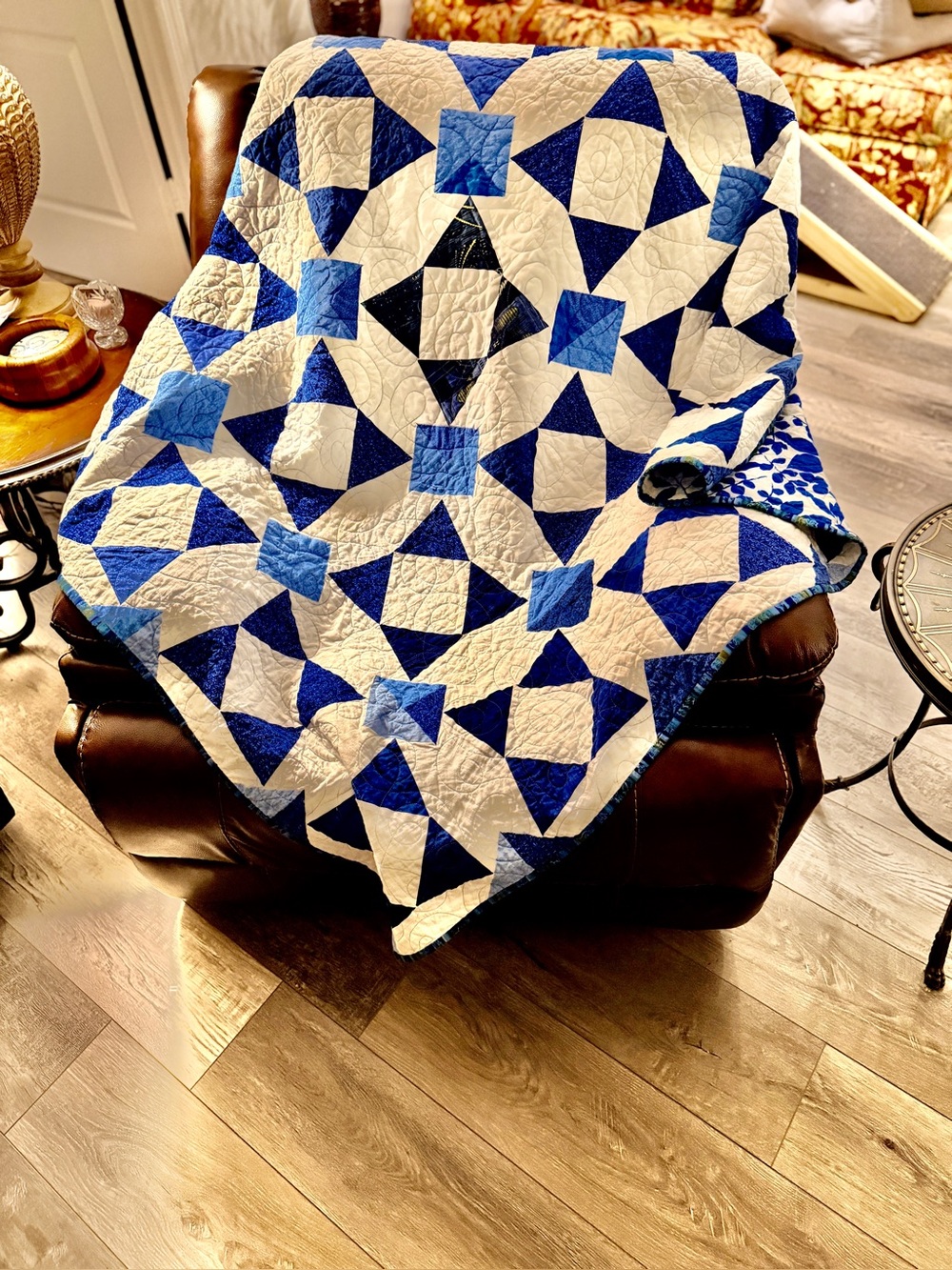 Vintage Handmade New 58” x 59”   Blue & White Geometric Patterned Throw Quilt
